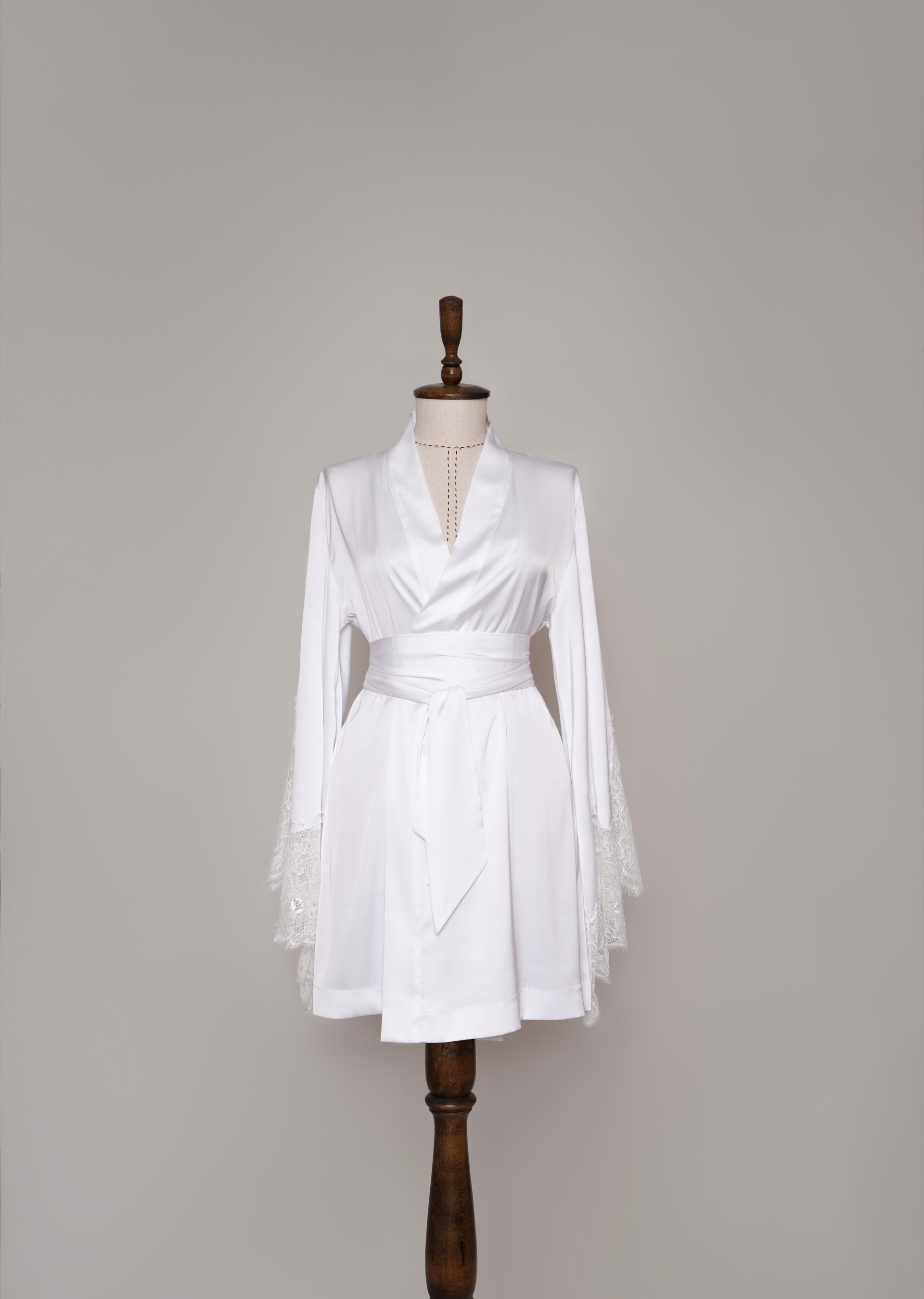 Bridal silk robe with lace trim on sleeves in white