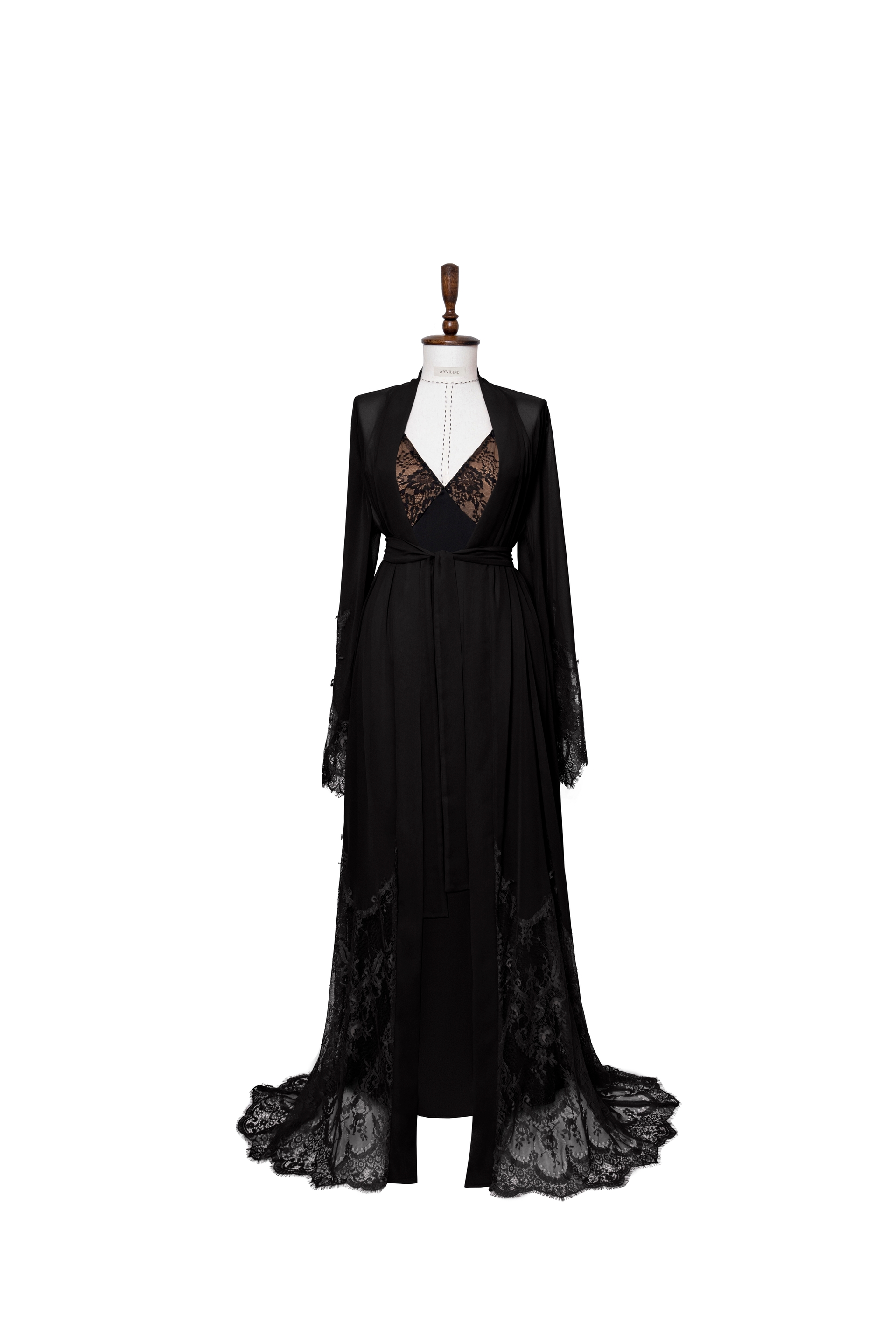 Chiffon robe with lace trim and maxi silk slip dress in black