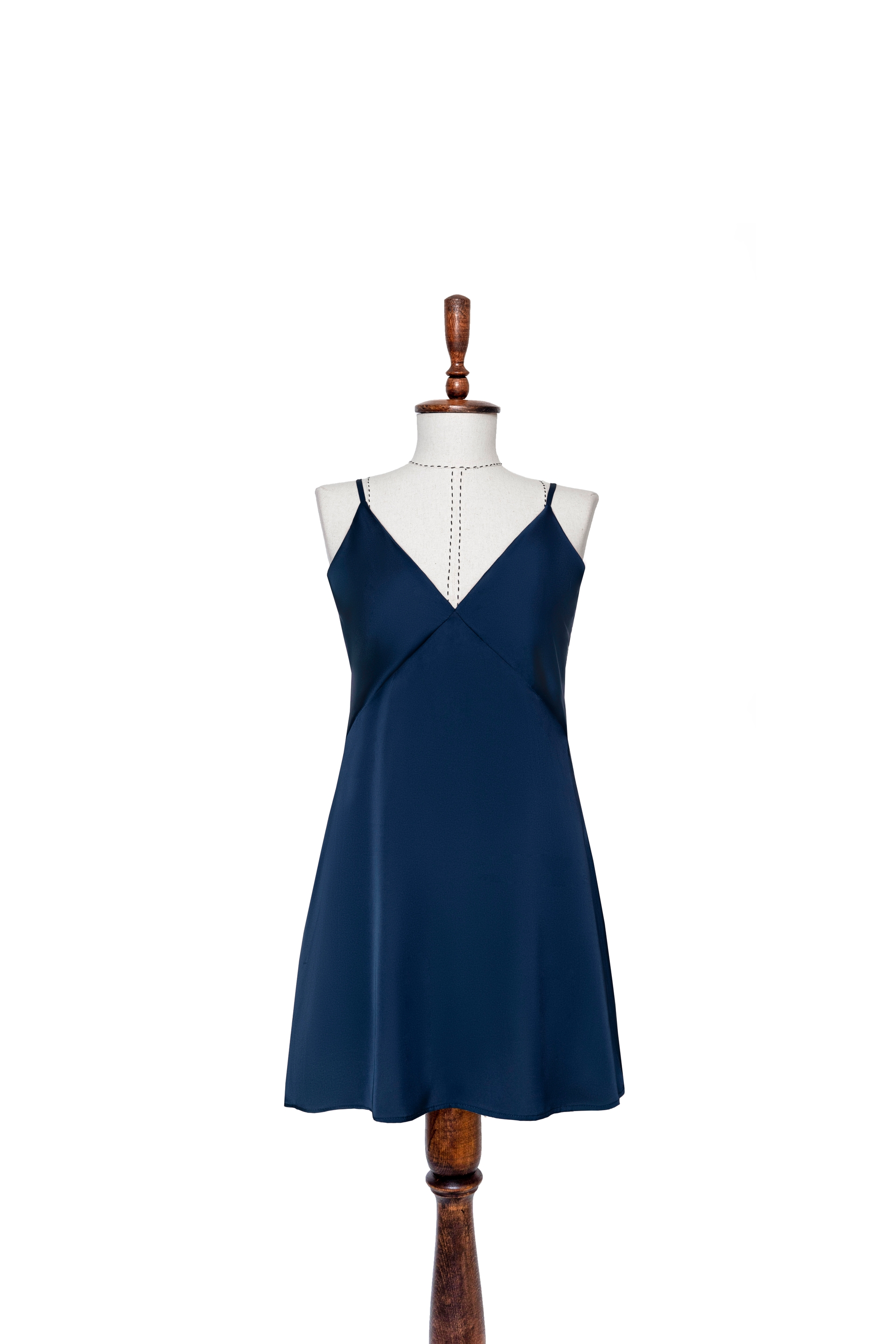 Mini silk slip dress in navy blue